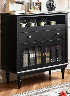 中古风实木边柜黑色全实木整装靠墙储物柜复古风茶水柜收纳餐边柜