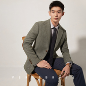 脊椎动物男装 英伦学院风人字纹羊毛呢料补丁休闲单西服秋冬西装