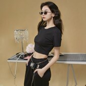 露脐弹力性感短袖 MOONA60丝高织冰舒棉高腰T恤女夏季 显瘦修身 上衣