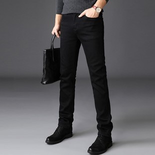 秋冬季纯黑色牛仔裤男百搭高弹力小脚修身直筒加绒加厚休闲长裤子