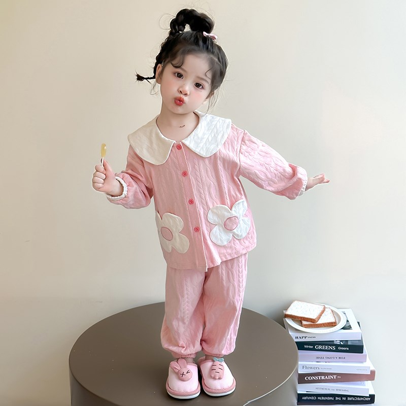 女童春秋款开衫睡衣2025新款儿童家居服套装女宝宝春季可爱空调服