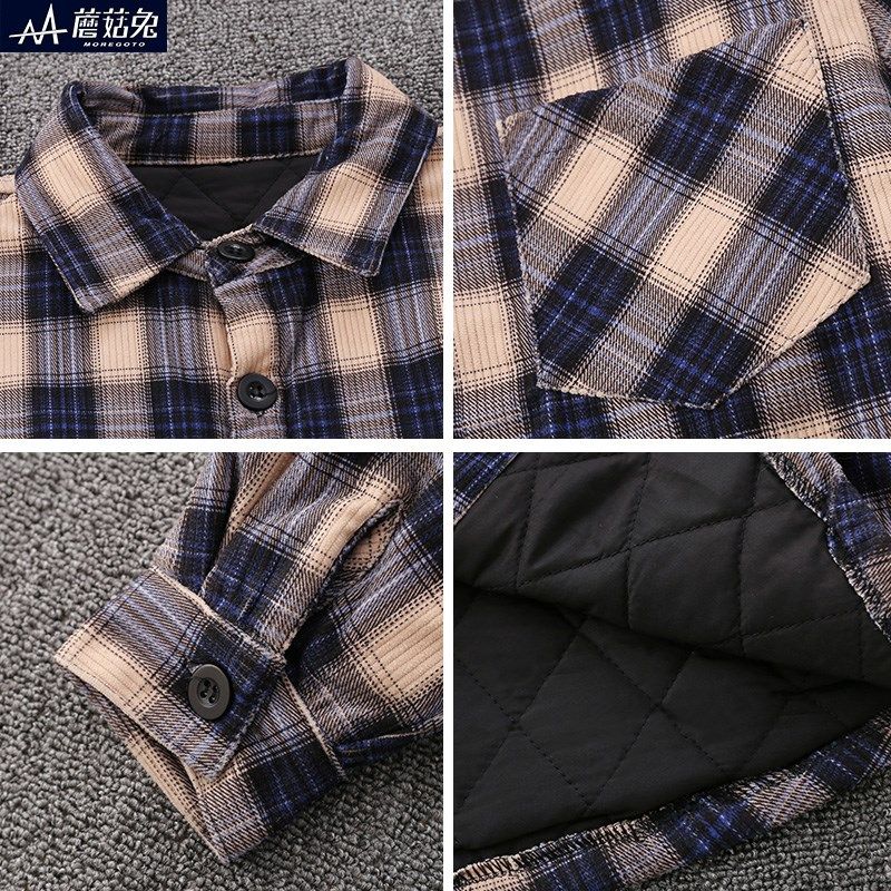 胖男童格子衬衫夹棉加厚秋冬加棉衬衣中大童男孩宽松加肥薄棉外套