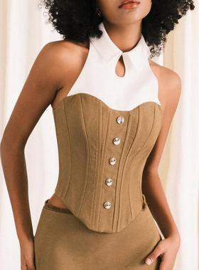 EBAY亚马逊明星同款鱼骨束腰性感拼接挂脖通勤辣妹欧美背心71280