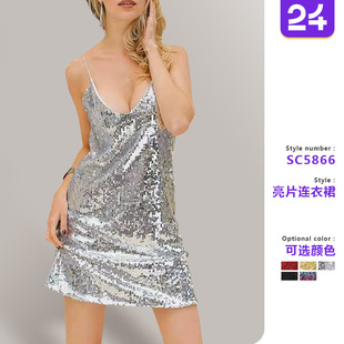 连衣裙无袖 wish 性感短裙亮片V领吊带短裙 新款 2025夏欧美女装