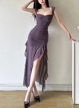 欧美风2024亚马逊春夏季新款女装性感吊带抹胸开叉包臀长款连衣裙