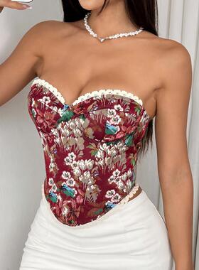 外贸街头复古花朵印花裹胸花边系带法式小众鱼骨小背心70112