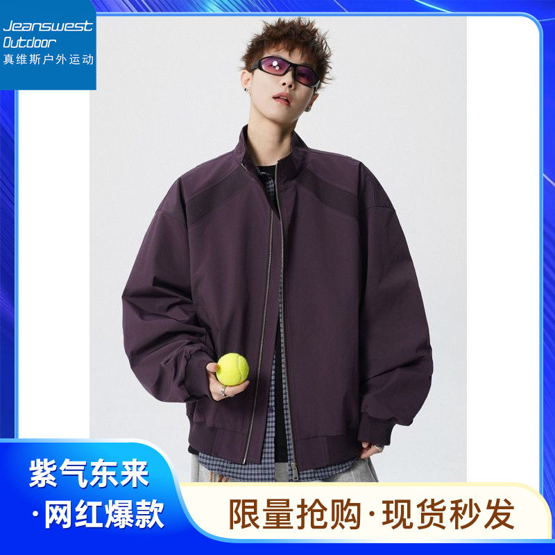 真维斯户外运动美式斜切男女款简约加厚立领外套情侣廓形夹克棉服