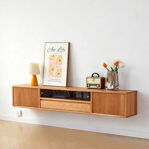 北欧实木樱桃木电视柜现代简约形复古壁挂柜黑胡桃木白橡木悬挂柜