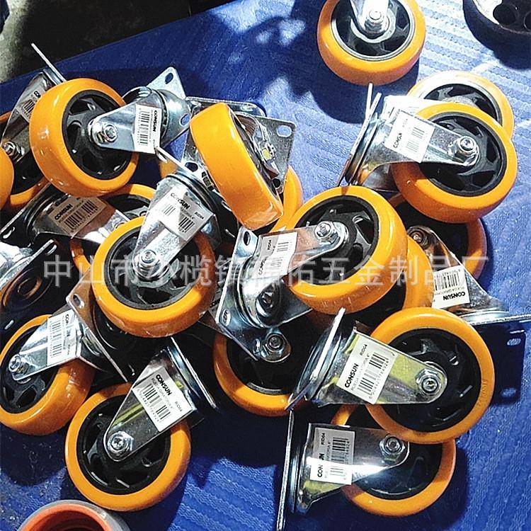 3寸4寸5寸枣红脚轮PU中型轮子刹车万向轮工业机柜推车轮