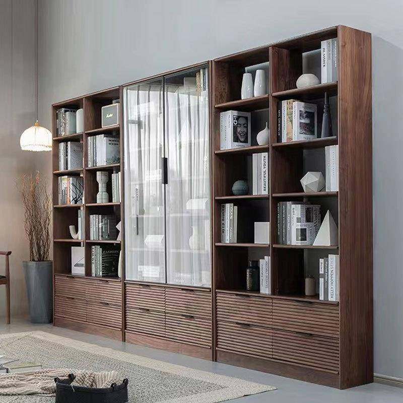 北欧实木黑胡桃木书架组合现代简约日式原木樱桃木玻璃门满墙书柜