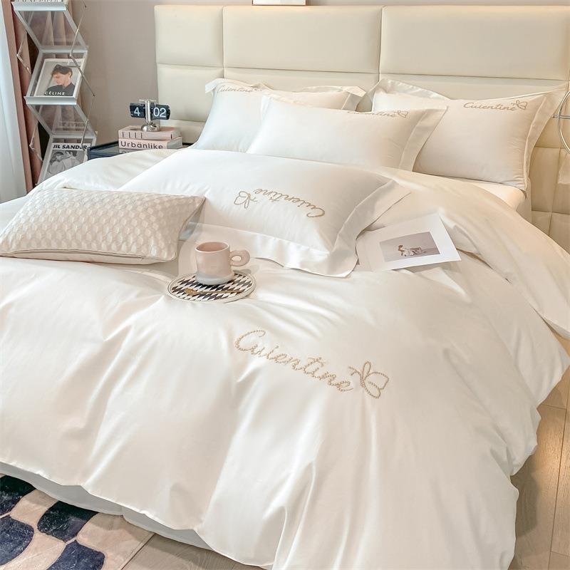 轻奢60支长绒棉刺绣四件套简约全棉纯色被套床单春夏纯棉床上用品