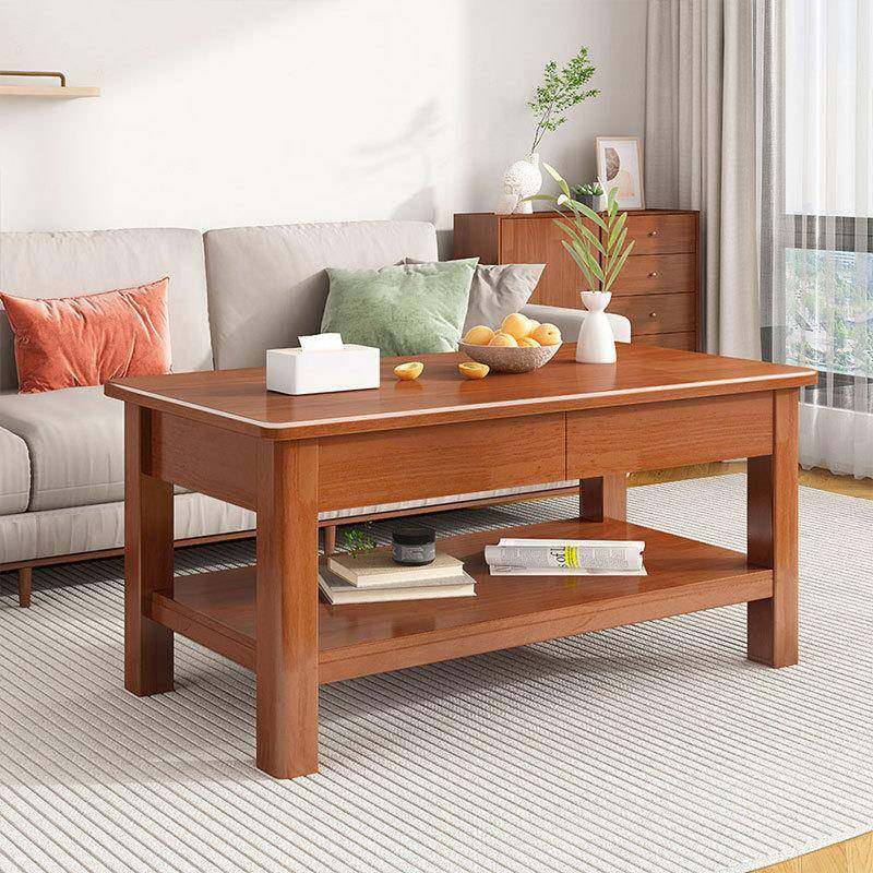 全实木高茶几客厅四抽屉茶桌橡胶木茶台现代简约家用60CM高双层餐