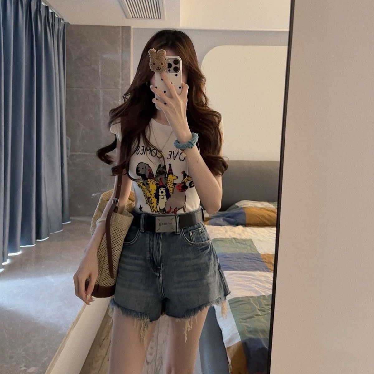韩系chic夏季别致白色圆领卡通印花T恤高腰复古牛仔短裤两件套女