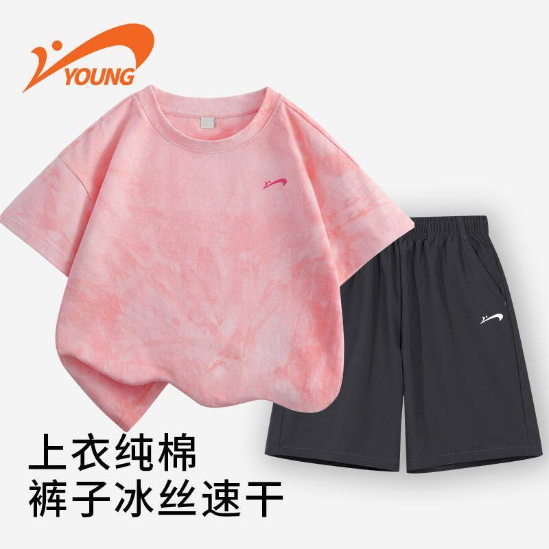 贵人鸟儿童短袖套装女童纯棉上衣速干短裤夏季中大童时尚休闲夏装