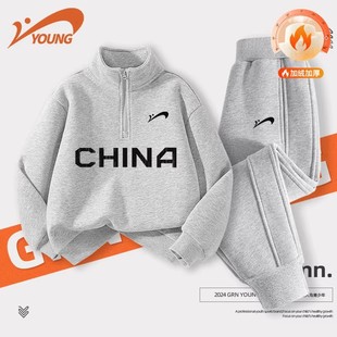 贵人鸟童装儿童套装冬季男童加绒卫衣2025新款女大童一体绒运动裤