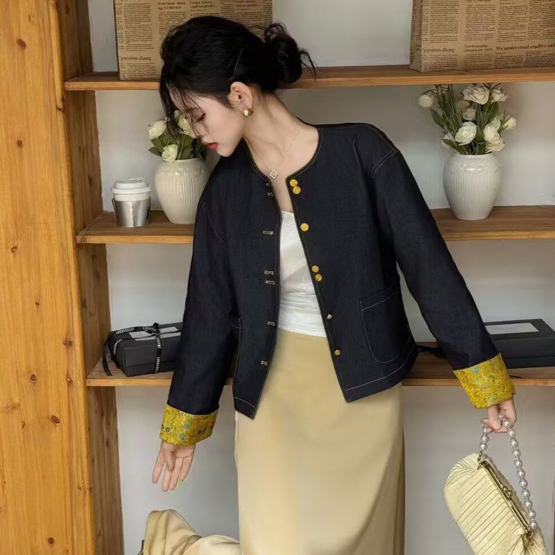 2025年春季新款女装拼接撞色牛仔外套女时尚百搭长袖上衣芭黎歌弟