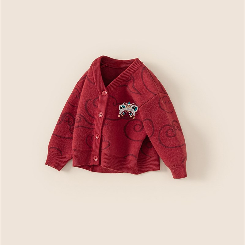 宥宝童装男童毛衣开衫2024秋冬新款儿童拜年服针织衫红色宝宝外套