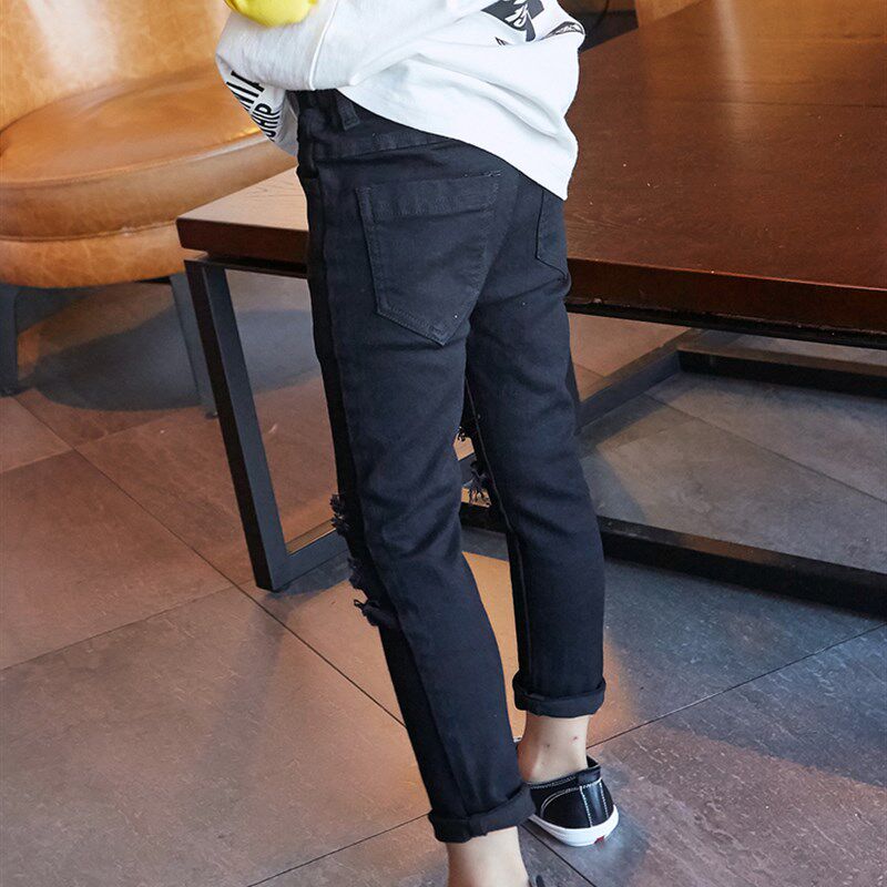 男童破洞牛仔裤子儿童黑色街舞长裤弹力紧身小脚裤春装2024韩版潮