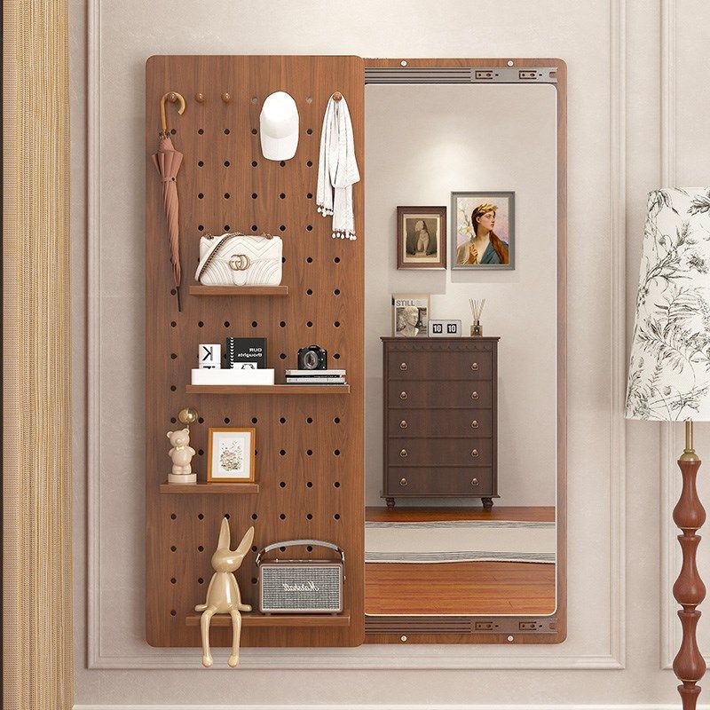 洞洞板穿衣镜子一体隐藏式实木全身镜推拉可关闭贴挂墙玄关试衣镜