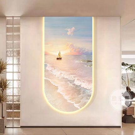 法式奶油风玄关装饰画日出风景走廊过道尽头挂画led灯画客厅壁画
