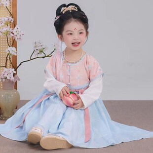 女童汉服连衣裙儿童古风圆领长袖裙宋制国风假两件演出服唐代半壁