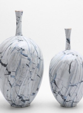 新中式创意大理石裂纹陶瓷花瓶摆件客厅窄口插花花器样板间软装饰