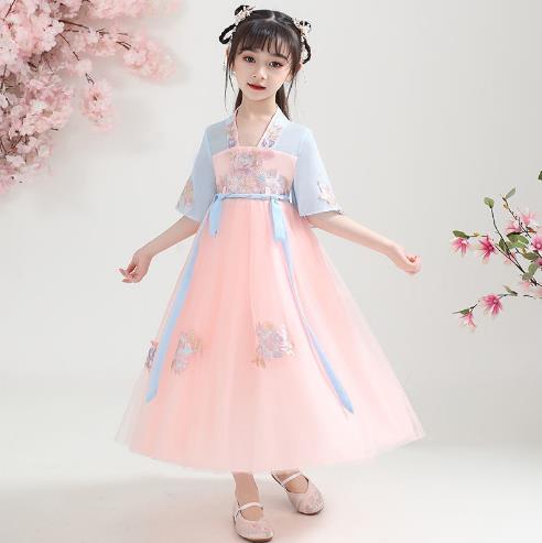 幼儿园胭脂妆舞蹈服装女童古风汉服桃花笑表演服短袖连衣裙儿童薄