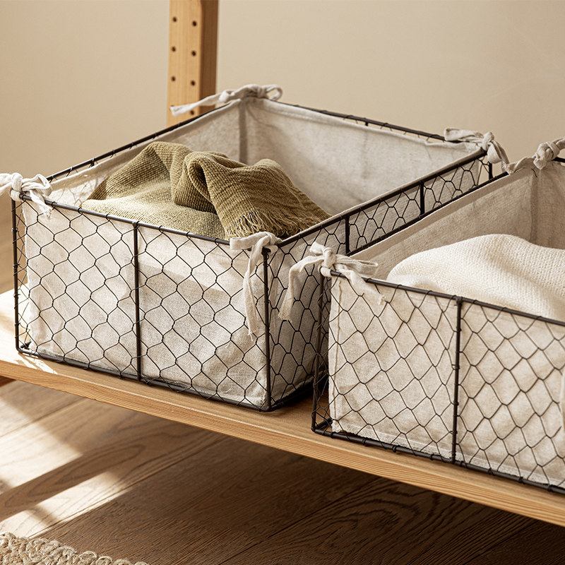 尚尚家居工业风复古铁艺网格镂空收纳筐带内衬布艺棉麻桌面储物篮,收纳整理,收纳筐,淘宝优惠券,粉丝福利购,淘宝优惠卷