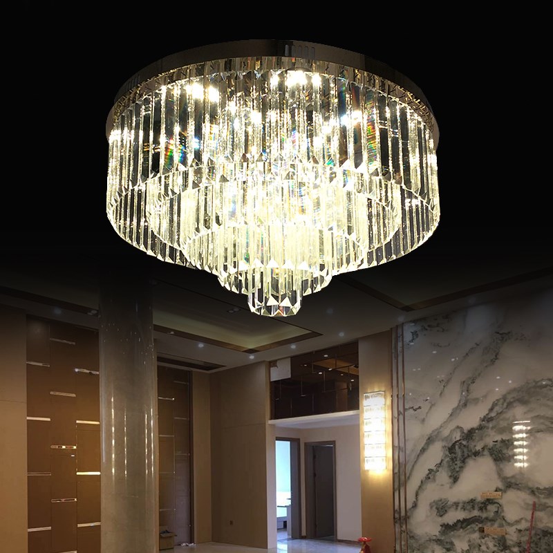 不锈钢客厅吸顶灯长条水晶灯卧室圆形吊灯长方形三色变光110-220v