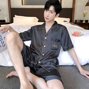 夏季睡衣短袖短裤男士开衫冰丝2021新款本命年红色丝绸家居服夏天