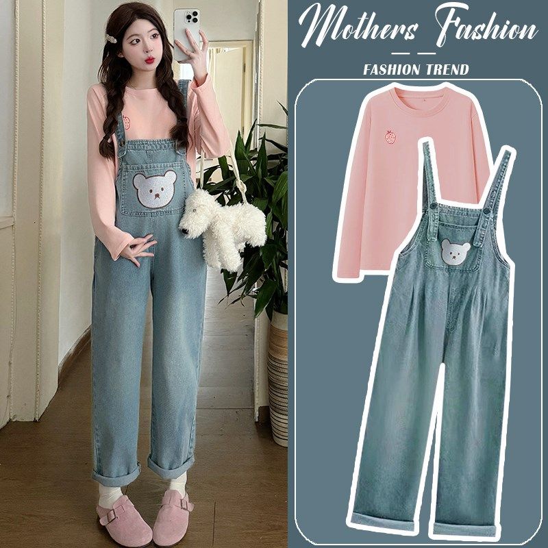 孕妇套装春秋2025新款时尚宽松休闲减龄蓝色牛仔背带裤上衣两件套,孕妇装/孕产妇用品/营养,连衣裙,淘宝优惠券,粉丝福利购,淘宝优惠卷