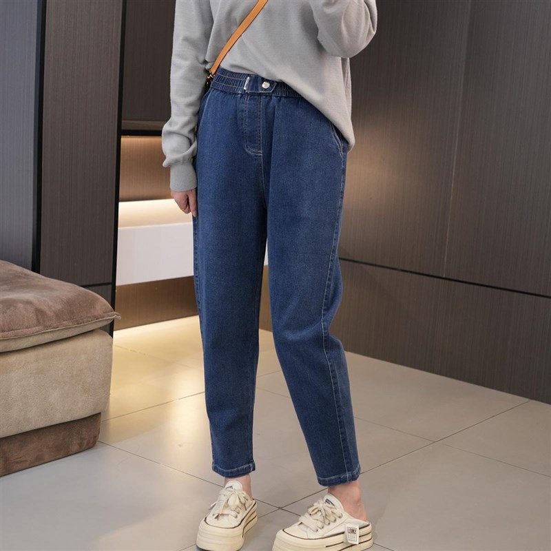 秋季大码松紧腰百搭显瘦哈伦牛仔裤 100-200斤胖mm高腰弹力小脚裤