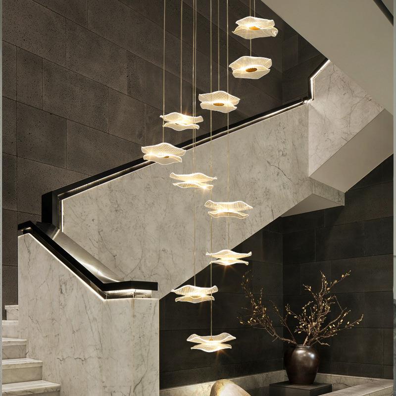 现代复式楼梯长吊灯双层荷叶亚克力灯罩loft公寓挑高别墅中空吊灯