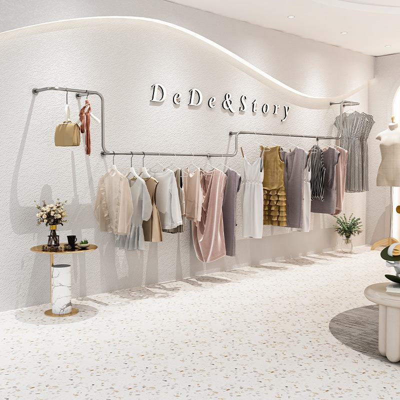 服装店挂衣架新款不锈钢拉丝银色衣服展示架女装店落地式上墙货架