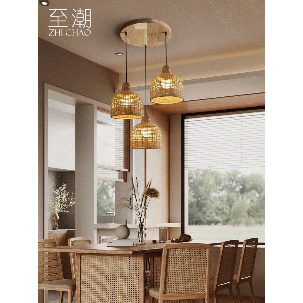 日式复古餐厅藤编吊灯客厅中古禅意民宿茶室吧台卧室床头原木灯具