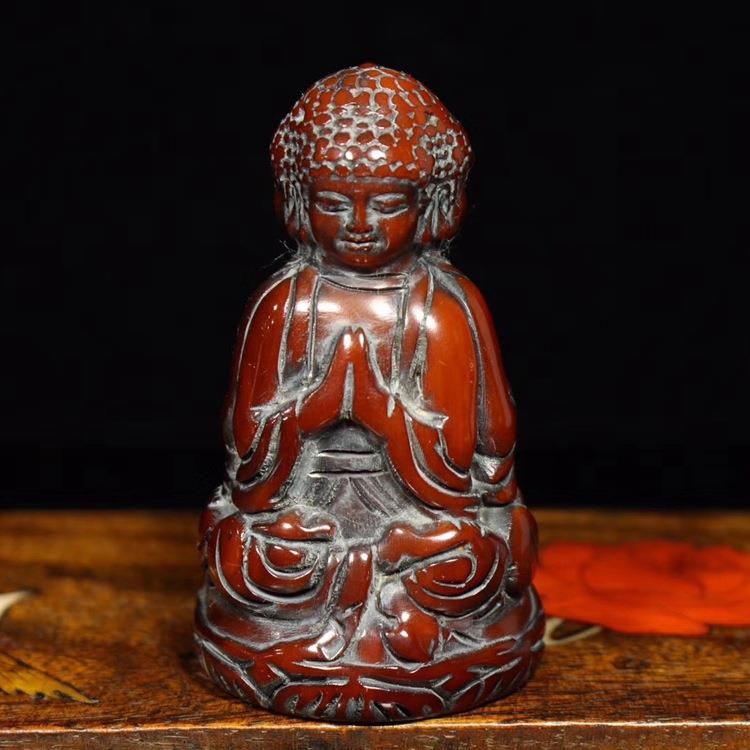 古玩收藏包浆牦牛角雕刻三面佛祖观音把件古玩杂项仿古老牛角摆件