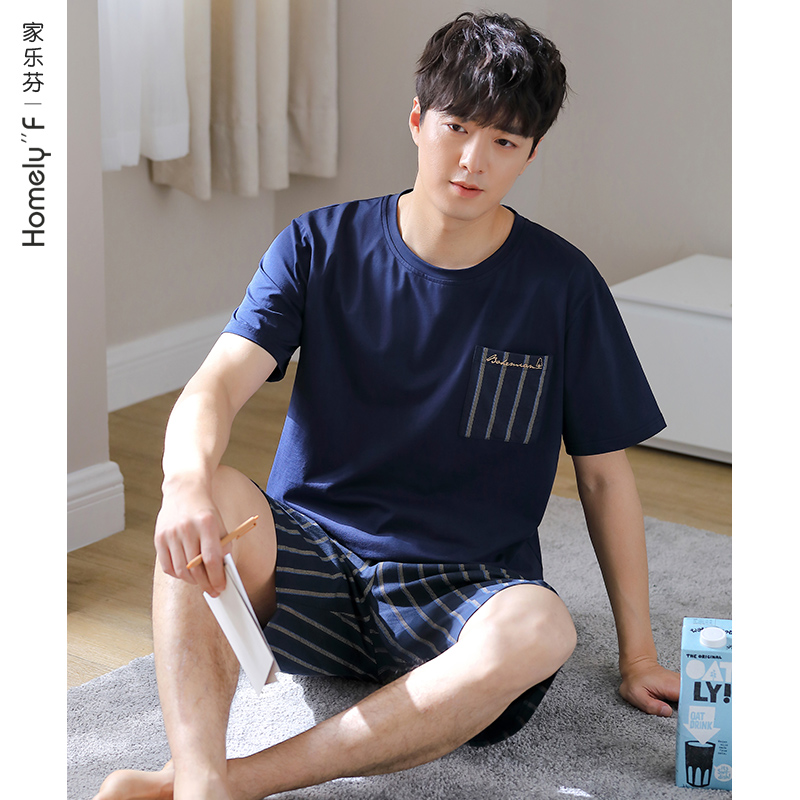 睡衣男士夏季纯棉短袖短裤家居服男款夏天薄款全棉休闲加大码套装