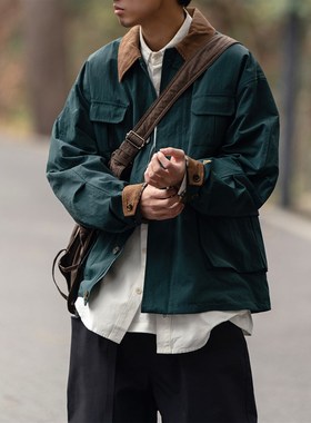 春季美式深绿色复古做旧猎装夹克男多口袋翻领耐磨重磅机能外套
