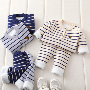 小宝宝纯棉开襟外套针织毛衣一体绒两件式套装新生幼儿男童女童秋