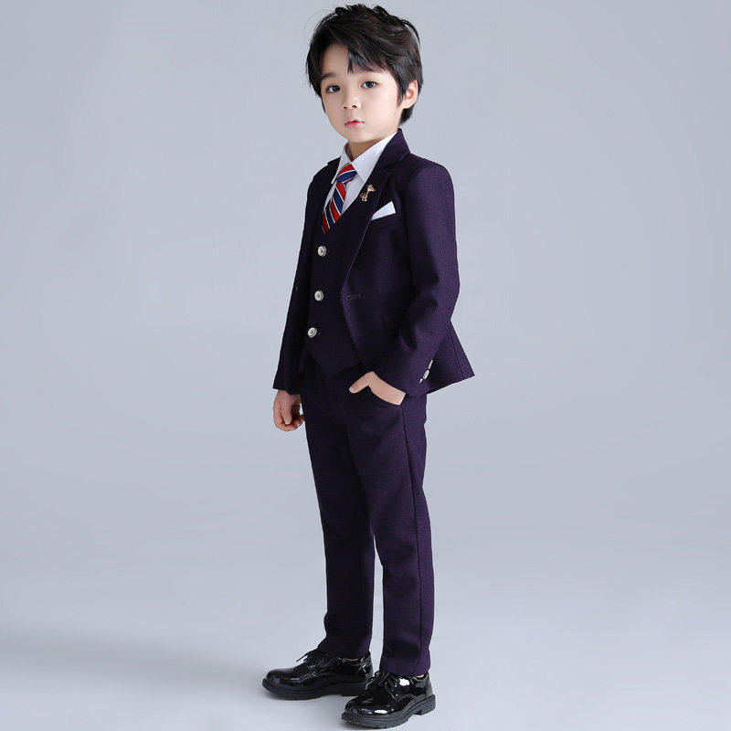 男童西装秋冬季婚礼花童紫红套装 宝宝洋气周岁礼服主持人演出服