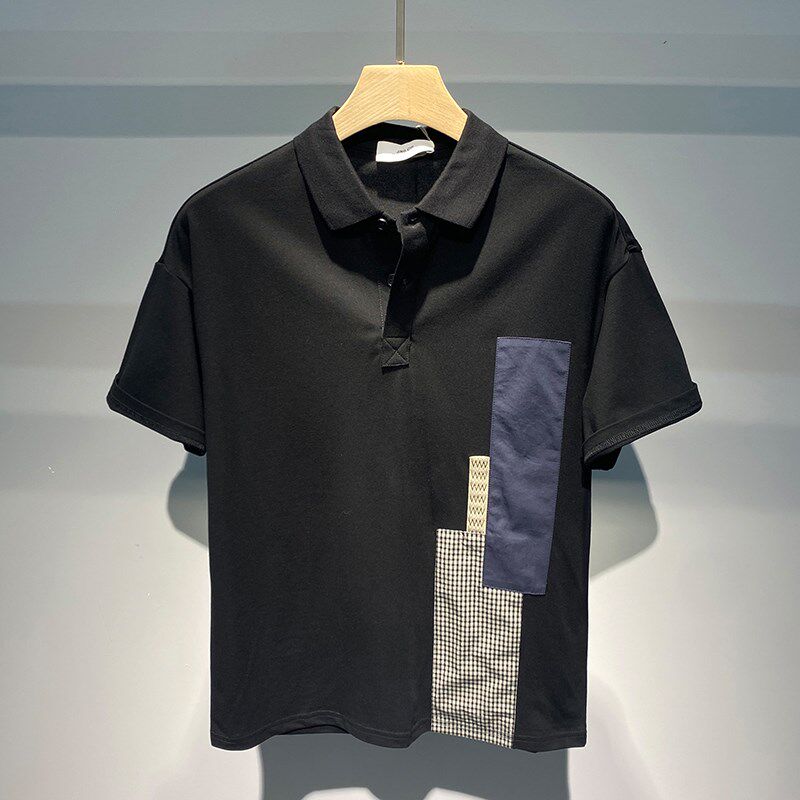 印西诺个性织布拼接宽松polo衫男工装美式简约撞色休闲短袖T恤衫