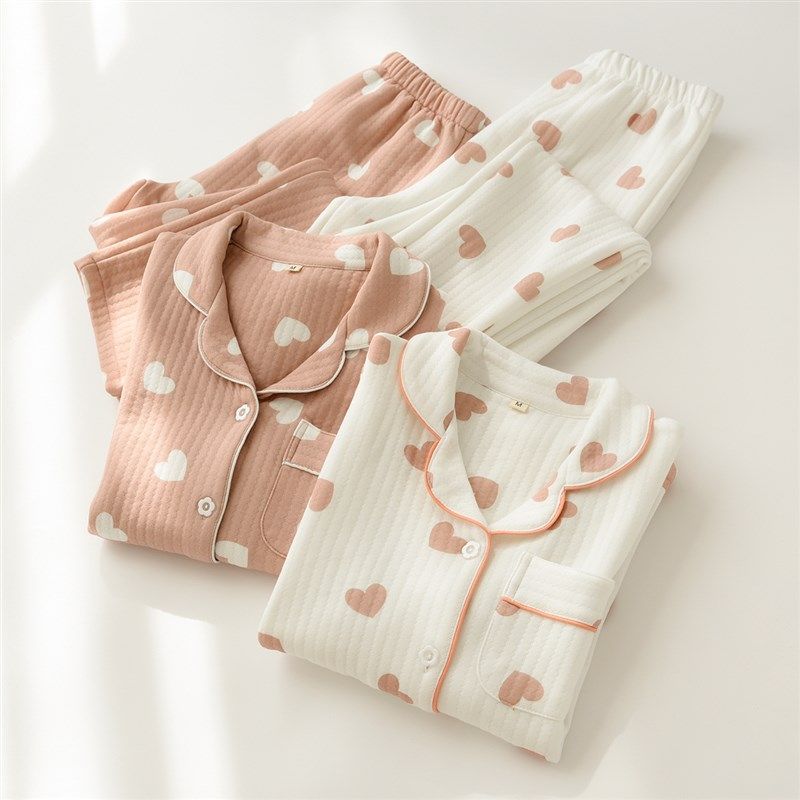 女士纯棉空气层家居服套装 爱心开衫睡衣睡裤 起居服 秋冬款女装