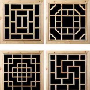 东阳木雕扇形花格花窗背景墙中式镂空挂件玄关实木隔断格栅装饰