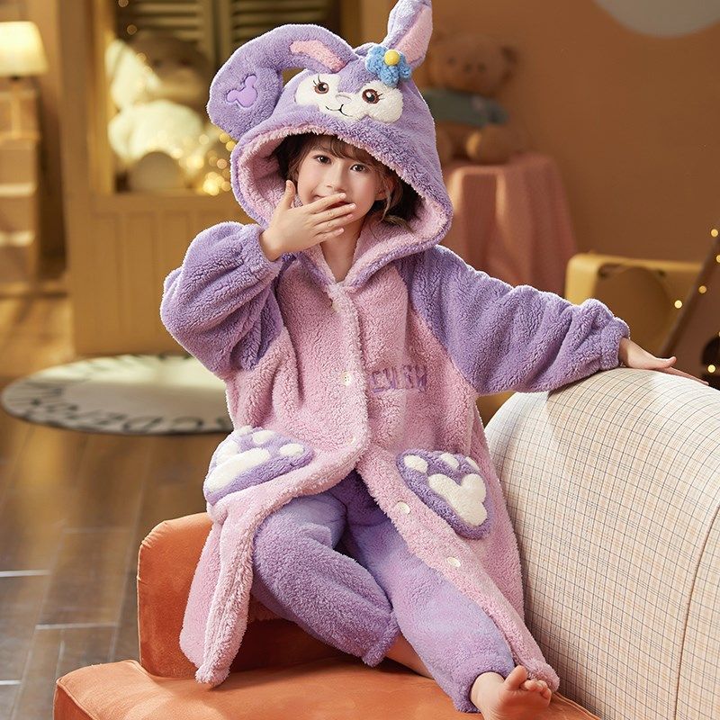 女童睡袍冬季加厚套装2024秋冬款加绒儿童珊瑚绒睡衣法兰绒家居服