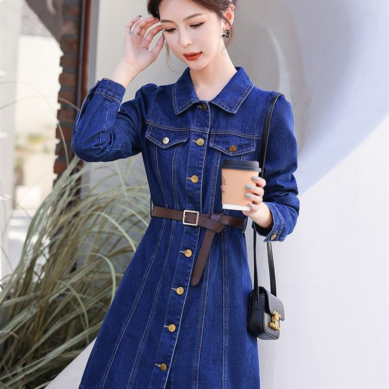 复古收腰牛仔连衣裙2023春季新款气质显瘦高腰长袖a字短款裙子女