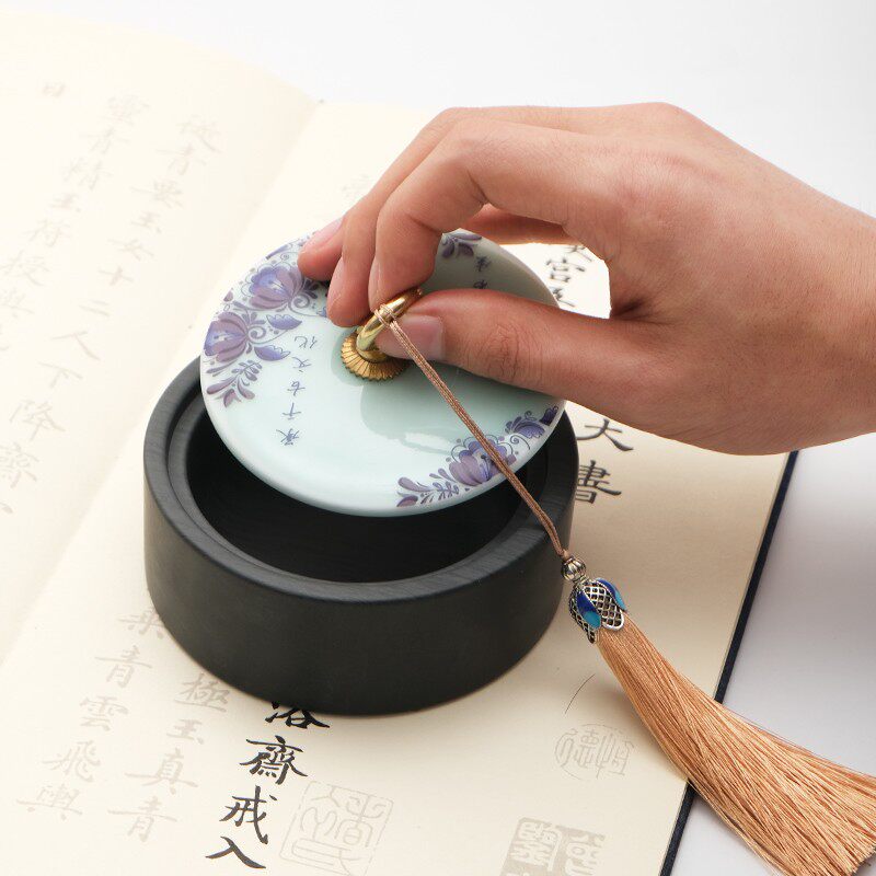 青瓷砚台带盖 高档毛笔砚台笔舔墨台四大名砚磨墨研台火锅砚墨海