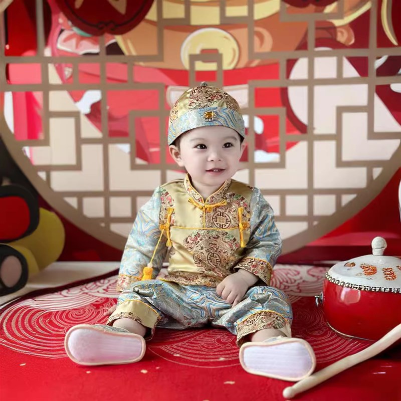 宝宝周岁礼服男春季唐装中式套装抓周唐装婴儿一周岁冠衣2024古装