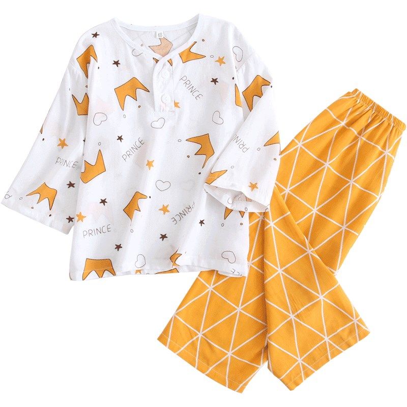 夏季绵绸睡衣儿童男孩女童男童宝宝棉绸家居空调服薄款小孩子套装