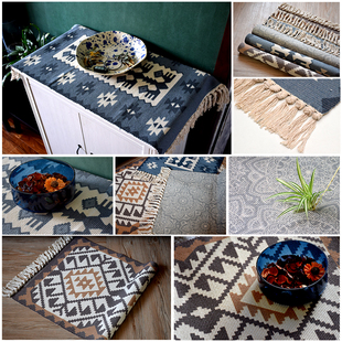 北欧风格编织棉布地毯手工客厅茶几卧室床边流苏地垫防尘吸水垫