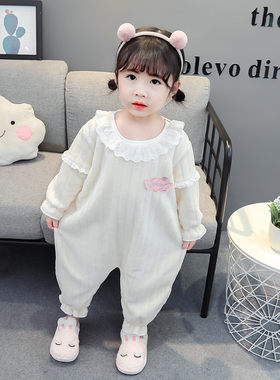 女童春秋款法兰绒连体睡衣女宝宝珊瑚绒爬服公主花边防着凉睡袋
